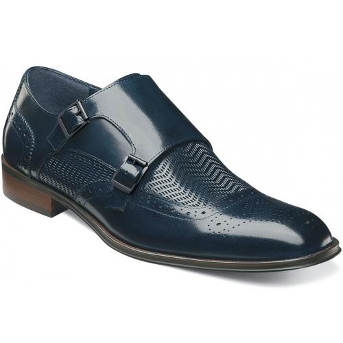 Stacy Adams "Mabry" Navy Genuine Leather Moc Toe Double Monk Strap Shoes 25239-410.