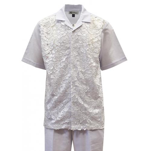 Silversilk White / Metallic Silver Sequined / Hand Laced Linen Short Sleeve Outfit 6855