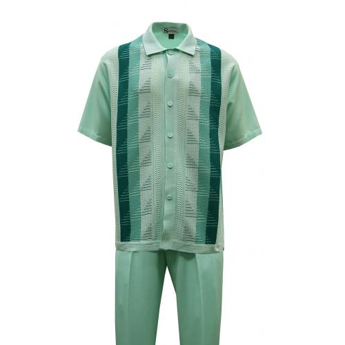 Silversilk Mint Green / Teal Stripe Design Cotton Blend Short Sleeve Knitted Outfit 6322