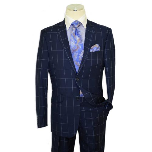 Verno Navy Blue / White / Sky Blue Windowpane Slim Fit Suit G285-1