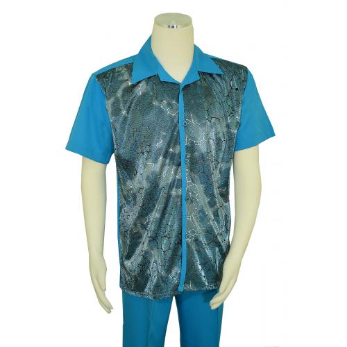 Pronti Turquoise / Metallic Silver Lurex Stone Print Short Sleeve Outfit SP6393