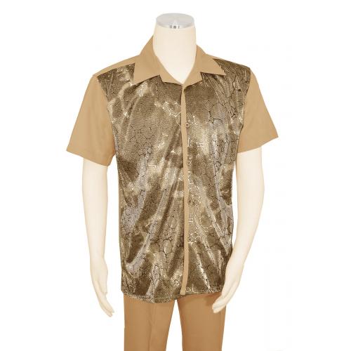 Pronti Tan / Metallic Gold Lurex Stone Print Short Sleeve Outfit SP6393