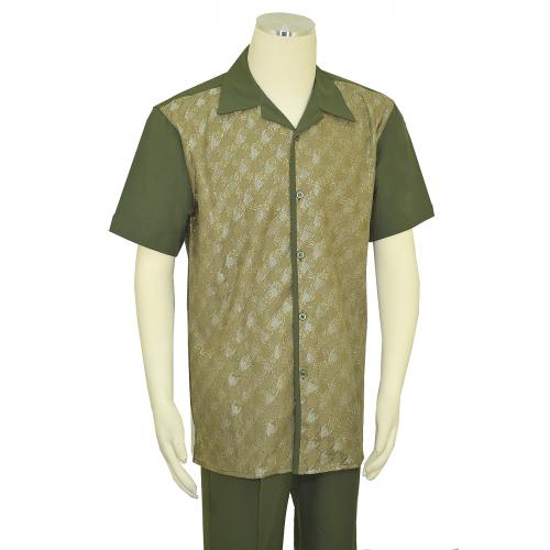 Pronti Olive / Taupe / Metallic Gold Lurex Embroidered Short Sleeve Outfit SP6396