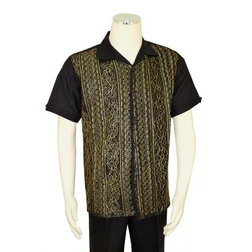 Successos Black / Metallic Gold Emboidered Front Short Sleeve Linen Outfit SP3354