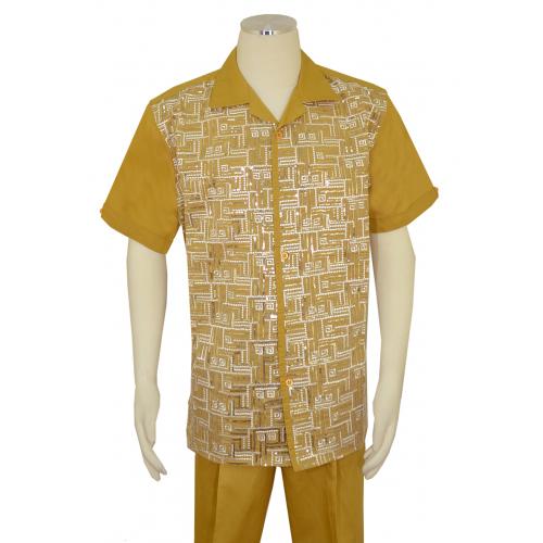 Successos Mustard / White / Metallic Gold Sequined Short Sleeve Linen Outfit SP3355