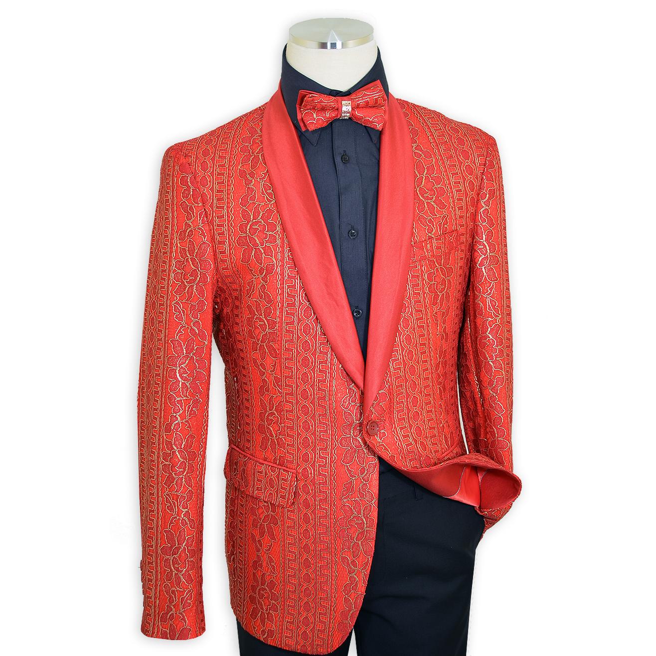 Cielo Red / Metallic Gold Embroidered Satin Classic Fit Blazer / Bow ...