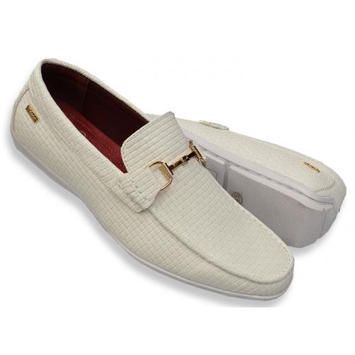 Tayno "Pelf" White Woven Vegan Leather Bit Strap Driving Loafers