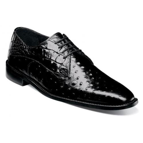Stacy Adams "Russo'' Black Ostrich Quill / Hornback Print Leather Plain Toe Oxford Shoes 25273-460.