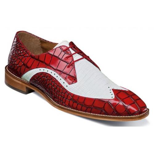 Stacy Adams "Trazino'' White / Red Crocodile / Lizard Print Leather Wingtip Toe Oxford Shoes 25271-120.