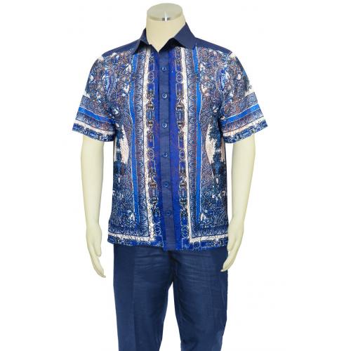 Prestige Navy / Royal Blue / White Hand Laced Irish Linen Short Sleeve Outfit LUX-986