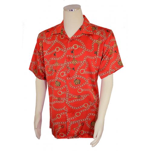 Pronti Red / Gold Greek Chain / Key Pattern Short Sleeve Shirt S6405