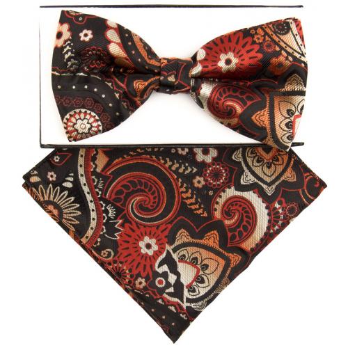 Classico Italiano Black / Rust / Beige Floral Design Silk Bow Tie / Hanky Set BH3179