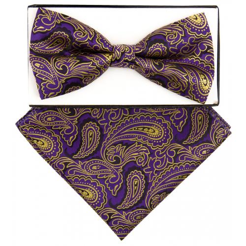 Classico Italiano Purple / Gold / Black Paisley Silk Bow Tie / Hanky Set BH3133