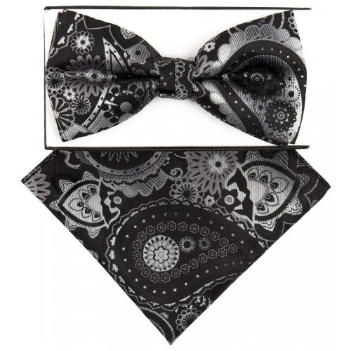 Classico Italiano Black / Silver / Grey Floral Paisley Silk Bow Tie / Hanky Set BH3171