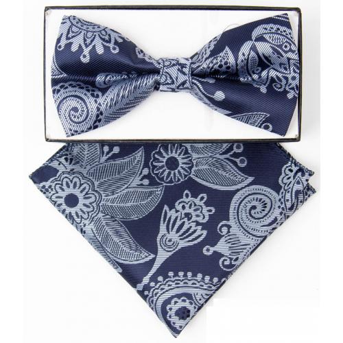 Classico Italiano Navy Blue / Silver Floral Design Silk Bow Tie / Hanky Set BH3208