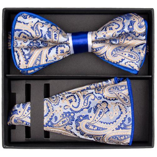 Classico Italiano Royal Blue / Silver / Beige Piped Silk Bow Tie / Round Hanky Set PBH039