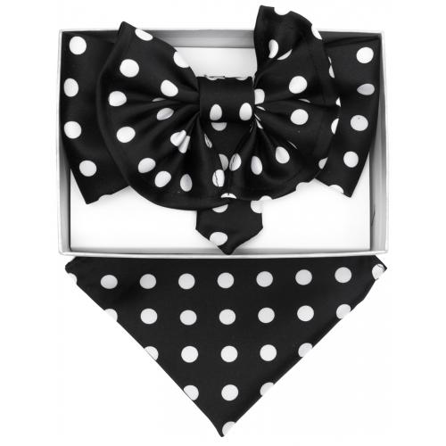 Vittorio Vico Black / White Polka Dot Double Layered Silk Bow Tie / Hanky Set XL171