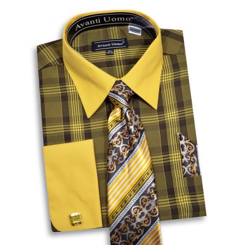 Avanti Uomo Black / Mustard Gold Plaid Dress Shirt / Tie / Hanky / Cufflink Set DN89M