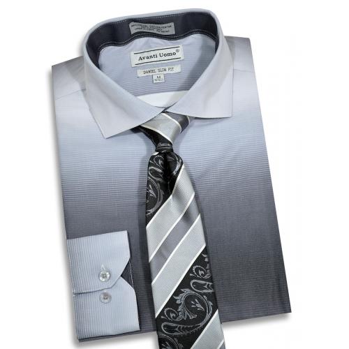 Avanti Uomo Silver / Grey / Black Fade Design Cotton Blend Slim Fit Shirt / Tie Set DNS04