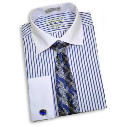 Avanti Uomo White / Royal Blue Cotton Blend Slim Fit Shirt / Tie / Hanky / Cufflink Set DNS02