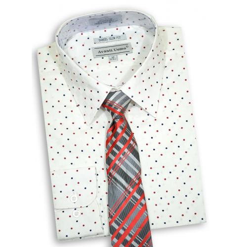 Avanti Uomo White / Burgundy / Black Polka Dot Design Cotton Slim Fit Shirt / Tie Set DNS10