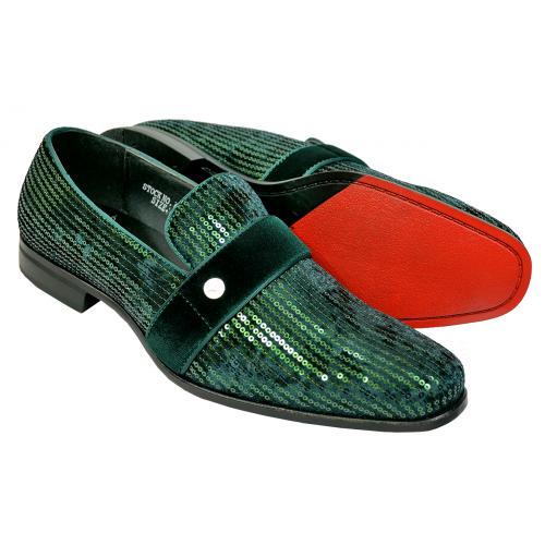 Saint Lorenzo Emerald Green Sequined / Velvet Slip-On Bit Strap Loafers ...