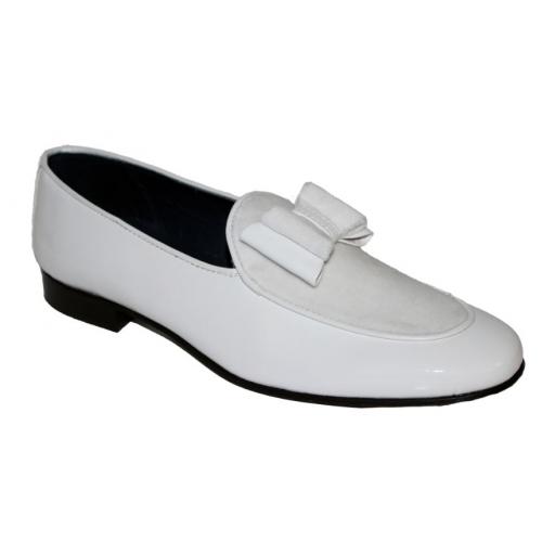 Duca Di Matiste "Amalfi" White Genuine Velvet / Patent Leather Matching Bow Tie Loafer Shoes.