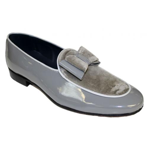 Duca Di Matiste "Amalfi" Grey Genuine Velvet / Patent Leather Matching Bow Tie Loafer Shoes.