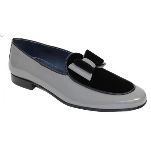 Duca Di Matiste "Amalfi" Grey / Black Genuine Velvet / Patent Leather Matching Bow Tie Loafer Shoes.