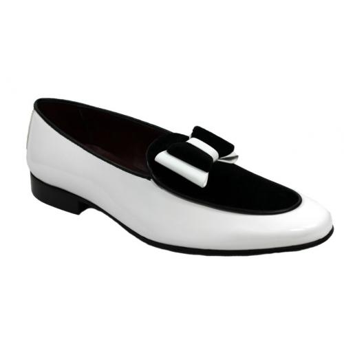 Duca Di Matiste "Amalfi" White / Black Genuine Velvet / Patent Leather Matching Bow Tie Loafer Shoes.
