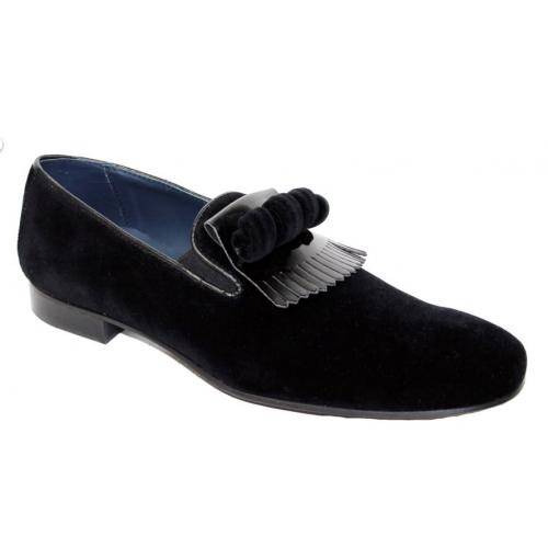 Duca Di Matiste "Capua" Black Genuine Velvet / Patent Leather Kyltie Loafer Shoes.