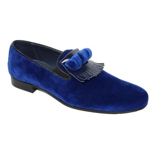 Duca Di Matiste "Capua" Blue Genuine Velvet / Patent Leather Kyltie Loafer Shoes.