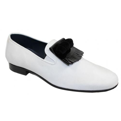 Duca Di Matiste "Capua" White / Black Genuine Velvet / Patent Leather Kyltie Loafer Shoes.