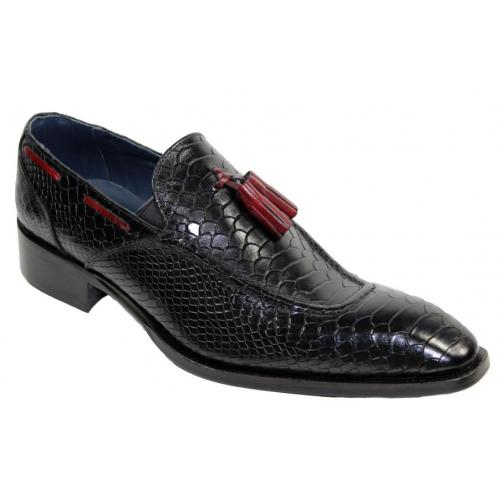 Duca Di Matiste "Cassino" Black / Antique Red Genuine Calfskin Leather Tassels Loafer Shoes.