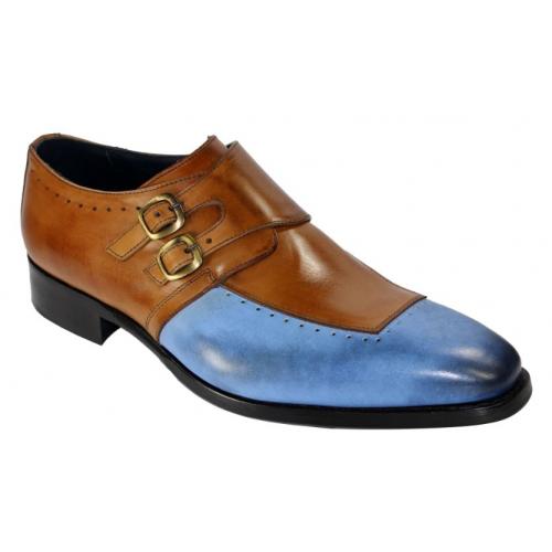 Duca Di Matiste Duca Di Matiste "Como" Light Blue / Cognac Genuine Calfskin Double Monk Strap Loafer Shoes.