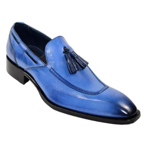 Duca Di Matiste "Rieti" Blue Genuine Calfskin Tassels Loafers Shoes.