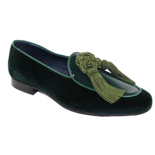 Duca Di Matiste "Venezia" Green Genuine Velvet / Patent Leather Tassels Loafer Shoes.
