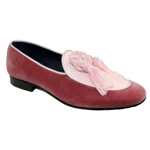 Duca Di Matiste "Venezia" Pink Genuine Velvet / Patent Leather Tassels Loafer Shoes.