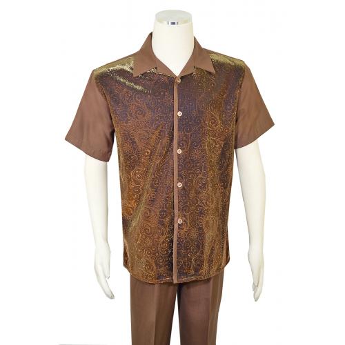 Pronti Brown / Metallic Gold Lurex Paisley Embroidered Short Sleeve Outfit SP6394