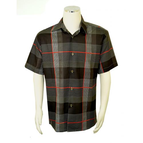 Pronti Dark Olive / White / Red Plaid Casual Short Sleeve Shirt S63711