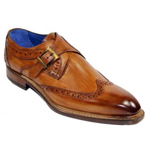 Emilio Franco "Riccardo" Cognac Genuine Calfskin Monk Strap Shoes.