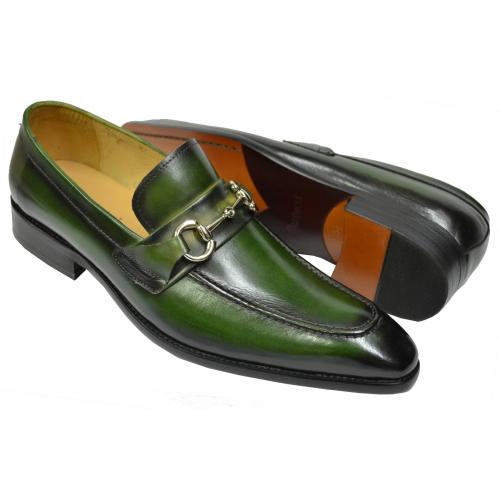 Carrucci Olive Green Hand Burnished Calfskin Leather Bit Loafer Shoes KS503-02