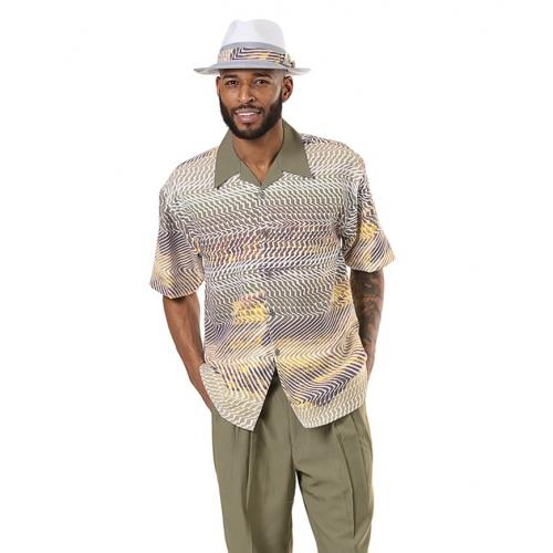 Montique Light Olive / Gold / White Abstract Design Short Set Outfit 71915