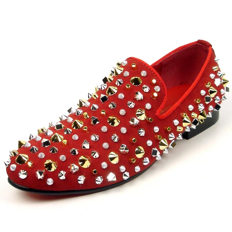 Fiesso Red Genuine Suede Leather Gold Spiked Loafers FI7436. - $149.90 ...