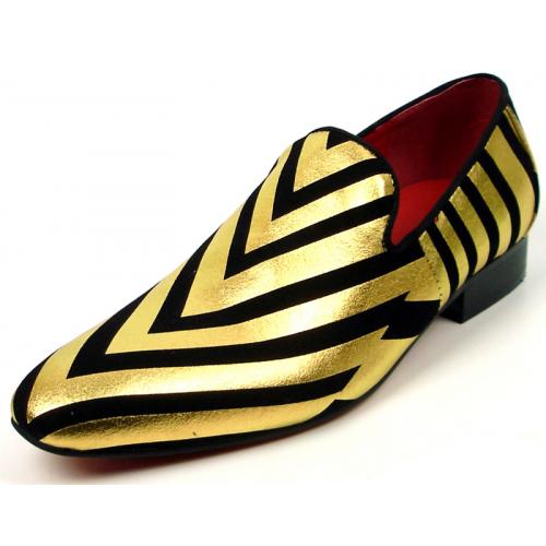 Fiesso Black / Gold Genuine Leather Stripes Design Loafers FI7429.