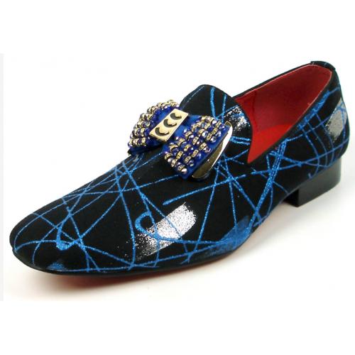 Fiesso Blue / Black Genuine Suede Rhinestone Ornamented Slip On Shoes FI7426.