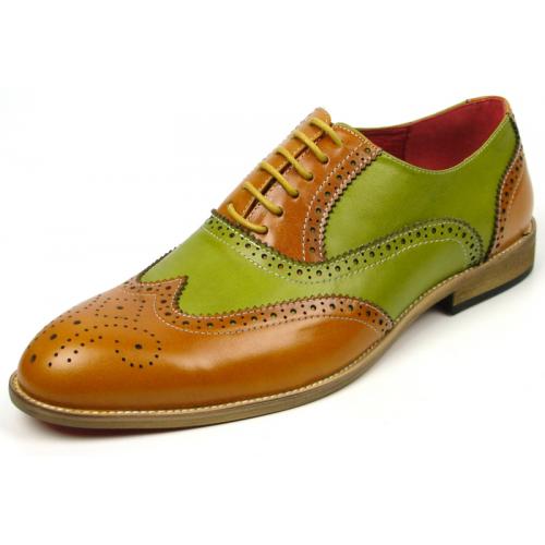 Fiesso Yellow / Green Genuine Leather Wing Tip Lace Up Shoes FI7400.