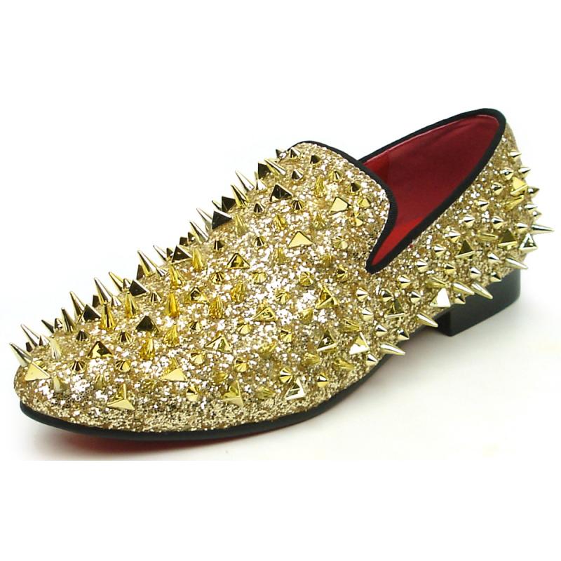Fiesso Gold / Gold Genuine Leather Glitter / Spiked Loafers FI7239 ...