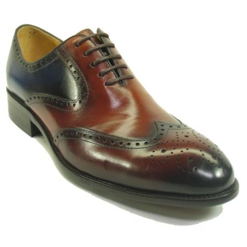 Carrucci Whiskey / Blue Genuine Calfskin Leather Medallion Wingtip Oxford Shoes KS711-02T.