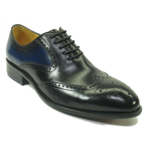 Carrucci Black / Blue Genuine Calfskin Leather Medallion Wingtip Oxford Shoes KS711-02T.